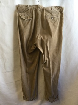 Mens, Casual Pants, POLO, Khaki Brown, Cotton, Elastane, Solid, 38/33, Corduroy, 1.5" Waistband with Belt Hoops, 2 Pleat Front, Zip Front, 4 Pockets, Cuff Hem