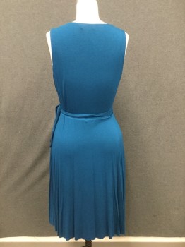 BAILEY 44, Teal Blue, Rayon, Spandex, Solid, Knit Faux Wrap Dress, Pullover, Self Attached Belt