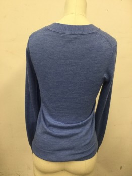 J. CREW, Lt Blue, Wool, Heathered, V-neck, Button Front, Long Sleeves, 2 Pockets, Ribbed Knit Cuff/Waistband