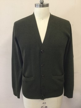 Mens, Cardigan Sweater, J. CREW, Olive Green, Wool, Heathered, M, Vertical Ribbed Knit, V-neck, Button Front, Long Sleeves, 2 Pockets, Ribbed Knit Cuff/Waistband