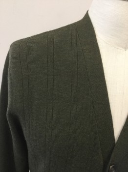 Mens, Cardigan Sweater, J. CREW, Olive Green, Wool, Heathered, M, Vertical Ribbed Knit, V-neck, Button Front, Long Sleeves, 2 Pockets, Ribbed Knit Cuff/Waistband