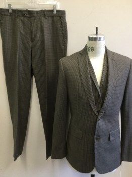 Mens, Suit, Jacket, BAR III, Khaki Brown, Navy Blue, Brown, Olive Green, Wool, Plaid, 38R, 2 Buttons,  Notched Lapel, 3 Pockets,