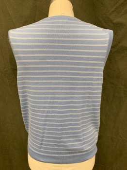 Mens, Sweater Vest, BROOKS BROTHERS, Lt Blue, White, Cotton, Stripes - Horizontal , L, V-neck, Pullover, Ribbed Knit V-neck/Armholes/Waistband