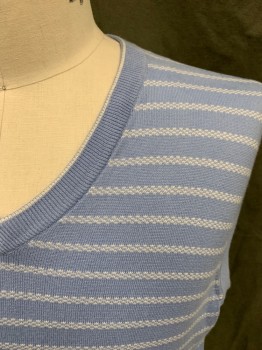 Mens, Sweater Vest, BROOKS BROTHERS, Lt Blue, White, Cotton, Stripes - Horizontal , L, V-neck, Pullover, Ribbed Knit V-neck/Armholes/Waistband