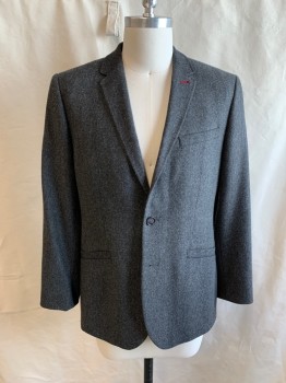 TED BAKER, Dk Gray, Heather Gray, Wool, Polyester, 2 Color Weave, 2 Buttons, 3 Pockets, Single Vent, 3 Button Sleeves, Notched Lapel, Red Top Stitch