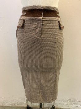 Womens, Suit, Skirt, BEBE, Beige, Brown, Dk Brown, Polyester, Viscose, Houndstooth, 4, Brown Corduroy Trim Around Waistband, Zip Front, 2 Faux Pockets, Brown Corduroy Trim on Pocket Flaps, Off Center Slit at Front