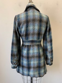 Womens, Coat, ME JANE, Blue, Brown, Teal Blue, Black, Gray, Polyester, Wool, Geometric, Diamonds, S, Shawl Lapel, Single Breasted, Button Front, Belted, 2 Pockets