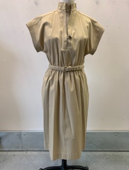 WILLI OF CALIFORNIA, Tan Brown, Poly/Cotton, Solid, Brown Top Stitching, Cap Sleeves, Stand Collar With V Notch, Decorative Button & Loop, Elastic Waist, Knee Length, Comes With Matching Belt (CF017338)