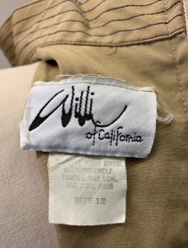 WILLI OF CALIFORNIA, Tan Brown, Poly/Cotton, Solid, Brown Top Stitching, Cap Sleeves, Stand Collar With V Notch, Decorative Button & Loop, Elastic Waist, Knee Length, Comes With Matching Belt (CF017338)