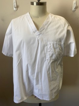 CHEROKEE, White, Cotton, Polyester, Solid, Short Sleeves, V-neck, 1 Patch Pocket, Alteration Center Back,