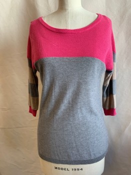 Womens, Pullover, C&C, Hot Pink, Heather Gray, Beige, Cashmere, Cotton, Stripes, Color Blocking, S, Pique Yoke, Ballet Neck, Stripe Sleeve, 3/4 Sleeve, Hot Pink Ribbed Knit Cuff, Ribbed Knit Waistband