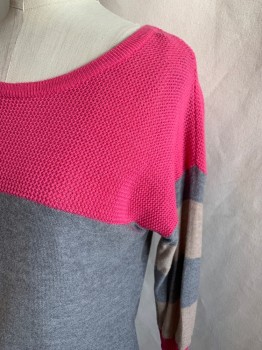 Womens, Pullover, C&C, Hot Pink, Heather Gray, Beige, Cashmere, Cotton, Stripes, Color Blocking, S, Pique Yoke, Ballet Neck, Stripe Sleeve, 3/4 Sleeve, Hot Pink Ribbed Knit Cuff, Ribbed Knit Waistband