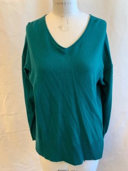 Womens, Pullover, J. CREW, Dk Green, Wool, Nylon, Solid, M, V-neck, Rolled Neck, Long Sleeves, Ribbed Knit Wide Waistband/Cuff, Side Seam Slits