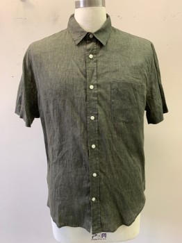 VINCE, Dk Green, Linen, Solid, S/S, Button Front, Collar Attached, Chest Pocket