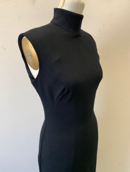 Womens, Dress, Sleeveless, N/L, Black, Polyester, Spandex, Solid, B32-34, S, Waffle Texture Stretch Material, Turtleneck, Sheath Dress, Hem Below Knee, Invisible Zipper in Back
