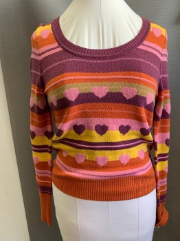 Womens, Pullover, MARC JACOBS, Orange, Plum Purple, Pink, Goldenrod Yellow, Khaki Brown, Wool, Stripes - Horizontal , Novelty Pattern, L, Semi Scoop Neck, H-stripe with Hearts, Long Sleeves, Pullover,