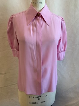 STELLA MCCARTNEY, Lilac Purple, Silk, Solid, Short Sleeves, Button Front, Wing Collar, Gold Apple Button at Neck