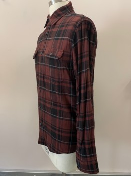 GEORGE, Brick Red, Black, Gray, Cotton, Rayon, Plaid, L/S, Button Front, Collar Attached, Chest Pocket,