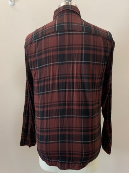 GEORGE, Brick Red, Black, Gray, Cotton, Rayon, Plaid, L/S, Button Front, Collar Attached, Chest Pocket,