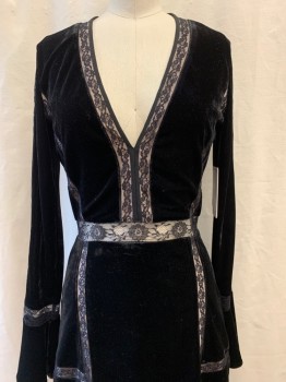 Womens, Cocktail Dress, SAYLOR, Black, Polyester, Viscose, XS, V-neck, Long Sleeves, Bell Sleeves, Lace Trim, Lace, See Through Waist, A-Line, Hem Above Knee