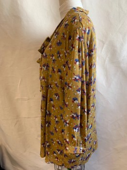 Womens, Blouse, FERVOUR, Ochre Brown-Yellow, Royal Blue, Dusty Lavender, Ecru, Black, Polyester, Floral, 4X, 3/4 Sleeves, Hidden Button Front Placket, Scarf Tie Neck