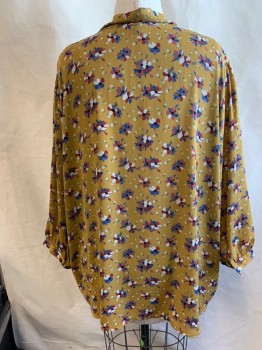 Womens, Blouse, FERVOUR, Ochre Brown-Yellow, Royal Blue, Dusty Lavender, Ecru, Black, Polyester, Floral, 4X, 3/4 Sleeves, Hidden Button Front Placket, Scarf Tie Neck