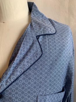 Mens, Sleepwear PJ Top, STAFFORD, Blue-Gray, Navy Blue, Lt Blue, Cotton, Floral, XXL, SHIRT, Collar Attached, Button Front, Notched Lapel, 1 Pocket, Navy Pipe Trim, Geometric Floral Pattern,