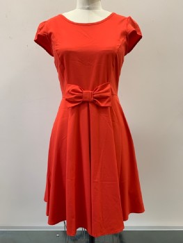 COCO LOVE, Cherry Red, Polyester, Cotton, Solid, Cap Sleeves, Scoop Neck, Waist Bow, Flared Bottom, Back Zip,