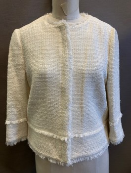 Womens, Blazer, TED BAKER, Cream, Silver, Cotton, Acrylic, Solid, "Sz.3", M, Bouclé Fabric with Silver Threads Woven In, Zip Front, Round Neck, 3/4 Sleeves, Fringe Accents, Boxy Fit