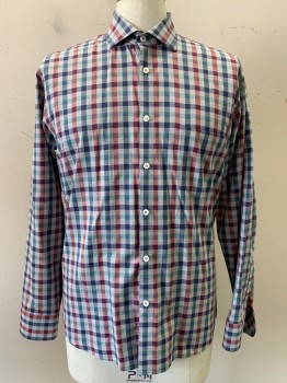 Mens, Casual Shirt, Billy Reid, Navy Blue, Red, Gray, Mint Green, Cotton, Gingham, L, L/S, Button Front, C.A., Chest Pocket