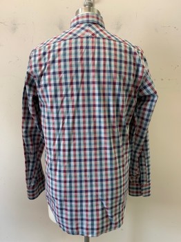 Mens, Casual Shirt, Billy Reid, Navy Blue, Red, Gray, Mint Green, Cotton, Gingham, L, L/S, Button Front, C.A., Chest Pocket