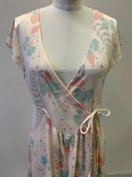 NO LABEL, Blue, Sea Foam Green, Pink, Gray, Beige, Polyester, Floral, S/S, V Neck, Cross Over Tie, See Through, with Side Pockets