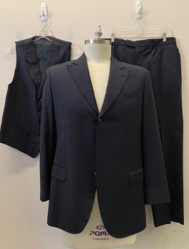Mens, Suit, Jacket, NL, Navy Blue, White, Wool, Stripes - Pin, 42R, 3 Button, Flap Pockets, Single Vent