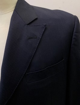 Mens, Suit, Jacket, NL, Navy Blue, White, Wool, Stripes - Pin, 42R, 3 Button, Flap Pockets, Single Vent