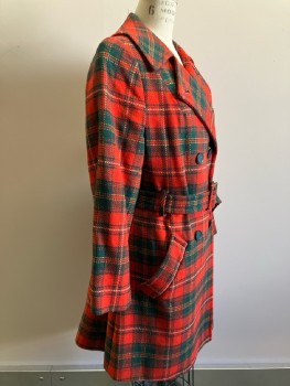 PENDELTON, Red, Forest Green, Wool, Plaid, C.A., Notched Lapel, DB. Belt Loops, With Matching Belt, 2 Pckts,