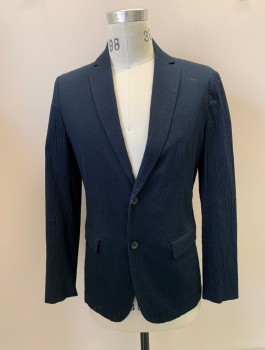 Mens, Sportcoat/Blazer, THEORY, Dk Blue, Cotton, Polyurethane, Solid, Textured Fabric, 38R, Single Breasted, 2 Buttons, Notched Lapel, 2 Pockets,