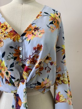 Womens, Top, LEITH, Baby Blue, Orange, Peach Orange, Dk Green, Plum Purple, Polyester, Floral, XS, Flared Long Sleeve, V Neck, Button Front, With Front Bottom Tie,