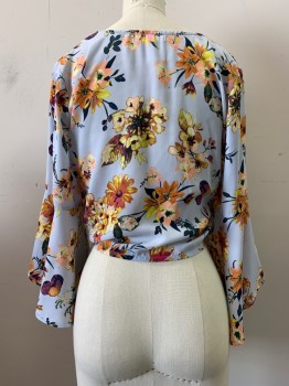 Womens, Top, LEITH, Baby Blue, Orange, Peach Orange, Dk Green, Plum Purple, Polyester, Floral, XS, Flared Long Sleeve, V Neck, Button Front, With Front Bottom Tie,