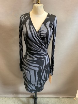 TORY BURCH, Black, Gray, Polyester, Print, Long Sleeves, Gather Side , Cross Over Front  Animal  Print
