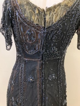 Womens, Evening Dress 1890s-1910s, THACHER, W:28, B:38, H:39, Black Tulle with Black Bugal Beads Over Silk Lining, Gold Metallic Lace Yoke Front/Back, S/S, Lining Has Boned Bodice  And Support Belt, Hook Eye Back Closure, Long Train