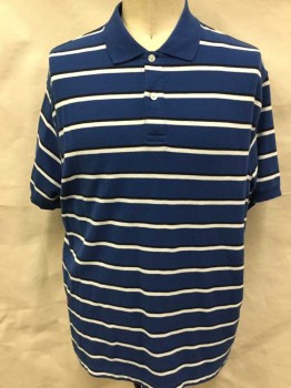 HARBOR BAY, Royal Blue, Black, White, Cotton, Stripes - Horizontal , Royal Blue W/black & White Horizontal Stripes, Collar Attached, 2 Button Front, Short Sleeves,