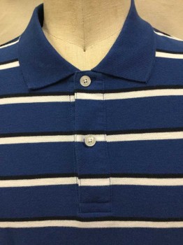 HARBOR BAY, Royal Blue, Black, White, Cotton, Stripes - Horizontal , Royal Blue W/black & White Horizontal Stripes, Collar Attached, 2 Button Front, Short Sleeves,