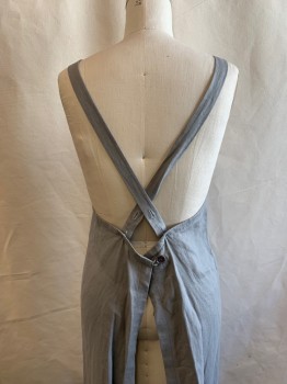COSTUME CO-OP, Lt Gray, Linen, Solid, Period Look 18th Century, Horizontal Pin tucks Across Bib, Button Adjustable Straps Button Closure, Long Length, Multiple