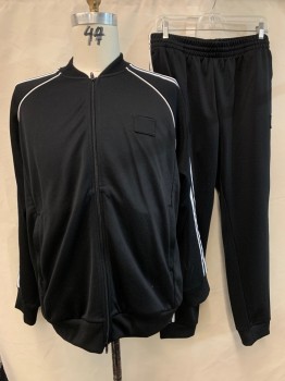 Mens, Sweatsuit Jacket, ADIDAS, Black, White, Polyester, Solid, Stripes, XL, TRACK JACKET, White Piping, Triple Stripe Dow Sleeves, Zip Front, Black Patch Covering ADIDAS Logo on Left Chest, 2 Side Zip Pockets