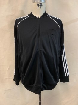 Mens, Sweatsuit Jacket, ADIDAS, Black, White, Polyester, Solid, Stripes, XL, TRACK JACKET, White Piping, Triple Stripe Dow Sleeves, Zip Front, Black Patch Covering ADIDAS Logo on Left Chest, 2 Side Zip Pockets