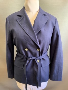 Womens, Blazer, A.P.C., Navy Blue, Viscose, Cotton, Solid, M, Double Breasted, Peaked Lapel, 2 Pockets, **With Matching Belt