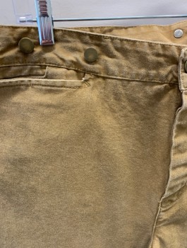 Mens, Historical Fiction Pants, NL, Tan Brown, Cotton, Solid, 35, 38, F.F, Button Front, 3 Pockets, Metal Suspender Buttons, Back Half Belt, 1 Pocket, Aged/Distressed