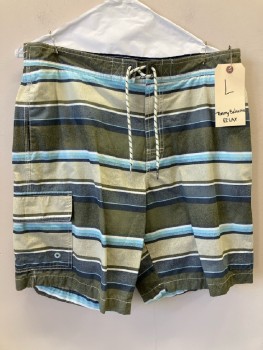 TOMMY BAHAMAS, Olive Green, Blue, Navy Blue, White, Stripes - Horizontal , F.F, Zip Front, Lace Up, 3 Pckts,