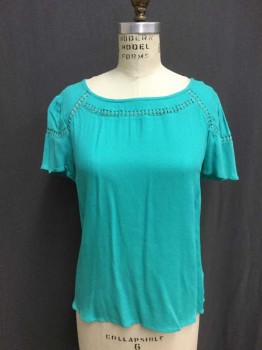ELLA MOSS, Aqua Blue, Rayon, Short Sleeve Top with Jewel Neck, Lace Inlay Detail At Neck & Sleeves