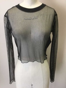 Womens, Top, TEE AND CAKE, Black, Silver, Metallic, Polyester, Text, 2, See-Thru Black Net with Metallic Glitter Sparkles, Long Sleeves, Crop Top, "cosmic child" Embroidered Text at Center Front Neck